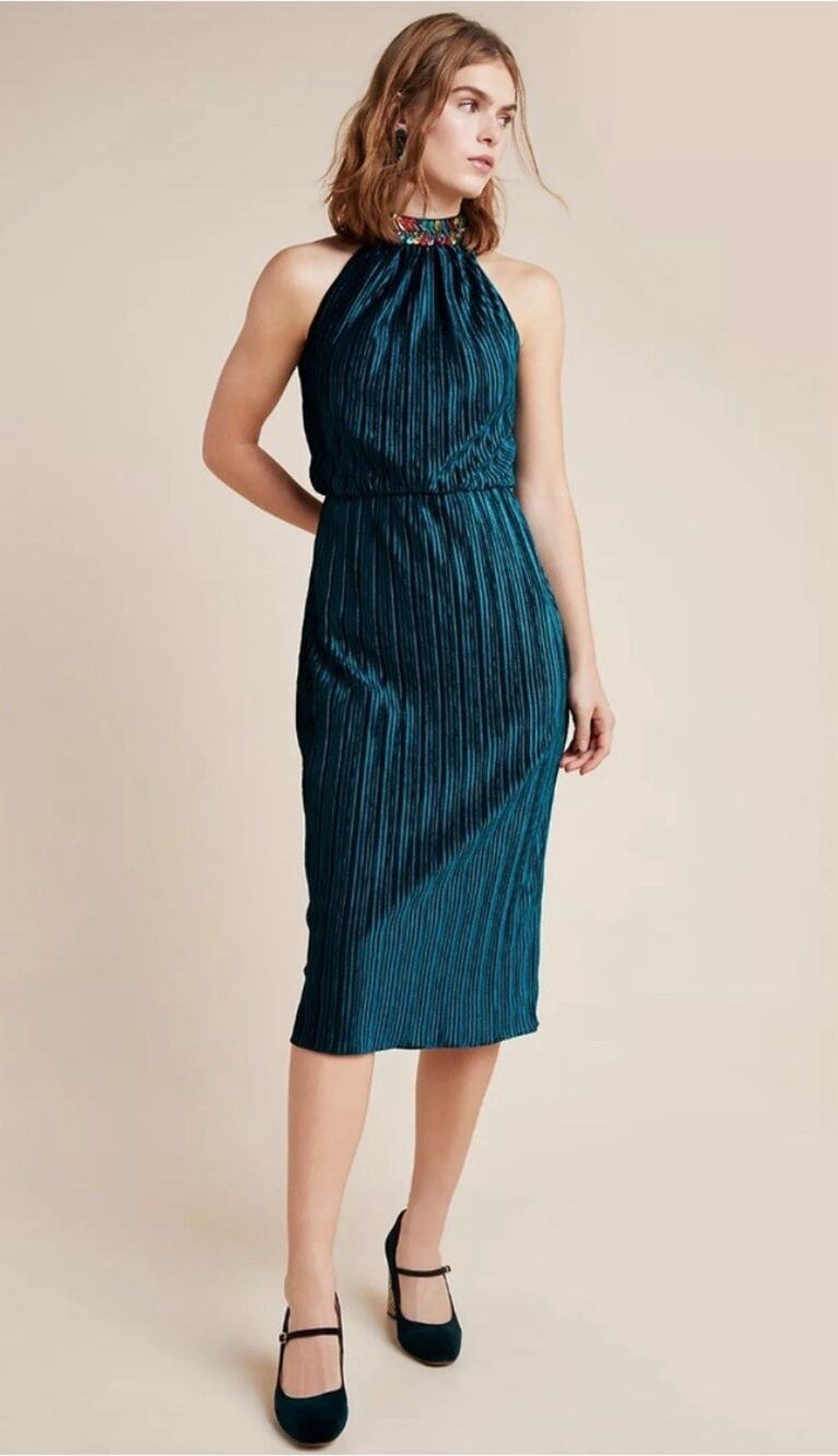 Shoshanna Denise Teal Velvet Midi dress 10P /$405 Cocktail Wedding Guest